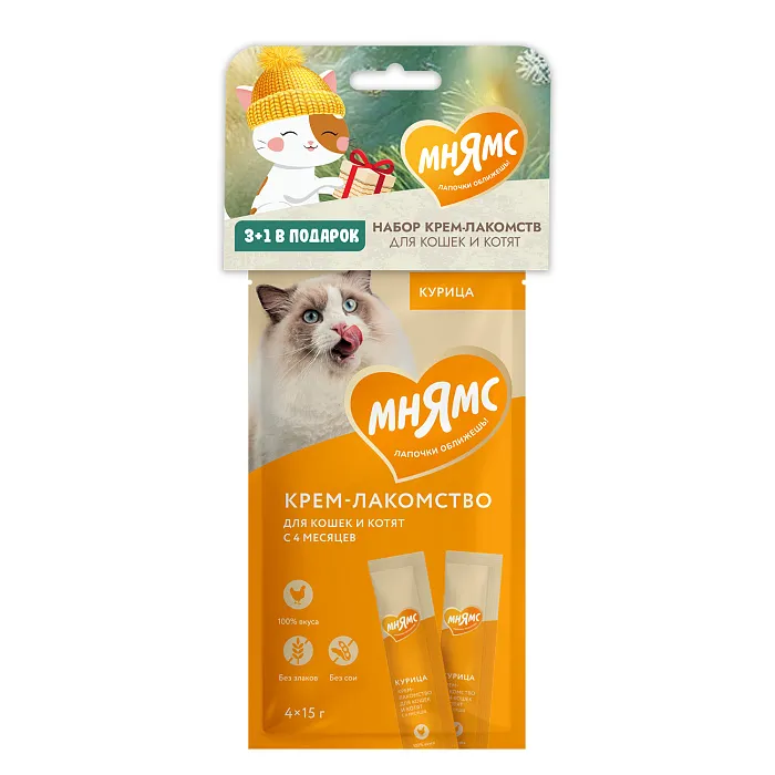 Набор крем-лакомств Мнямс для кошек и котят с 4 месяцев «Ассорти» 3+1 В ПОДАРОК