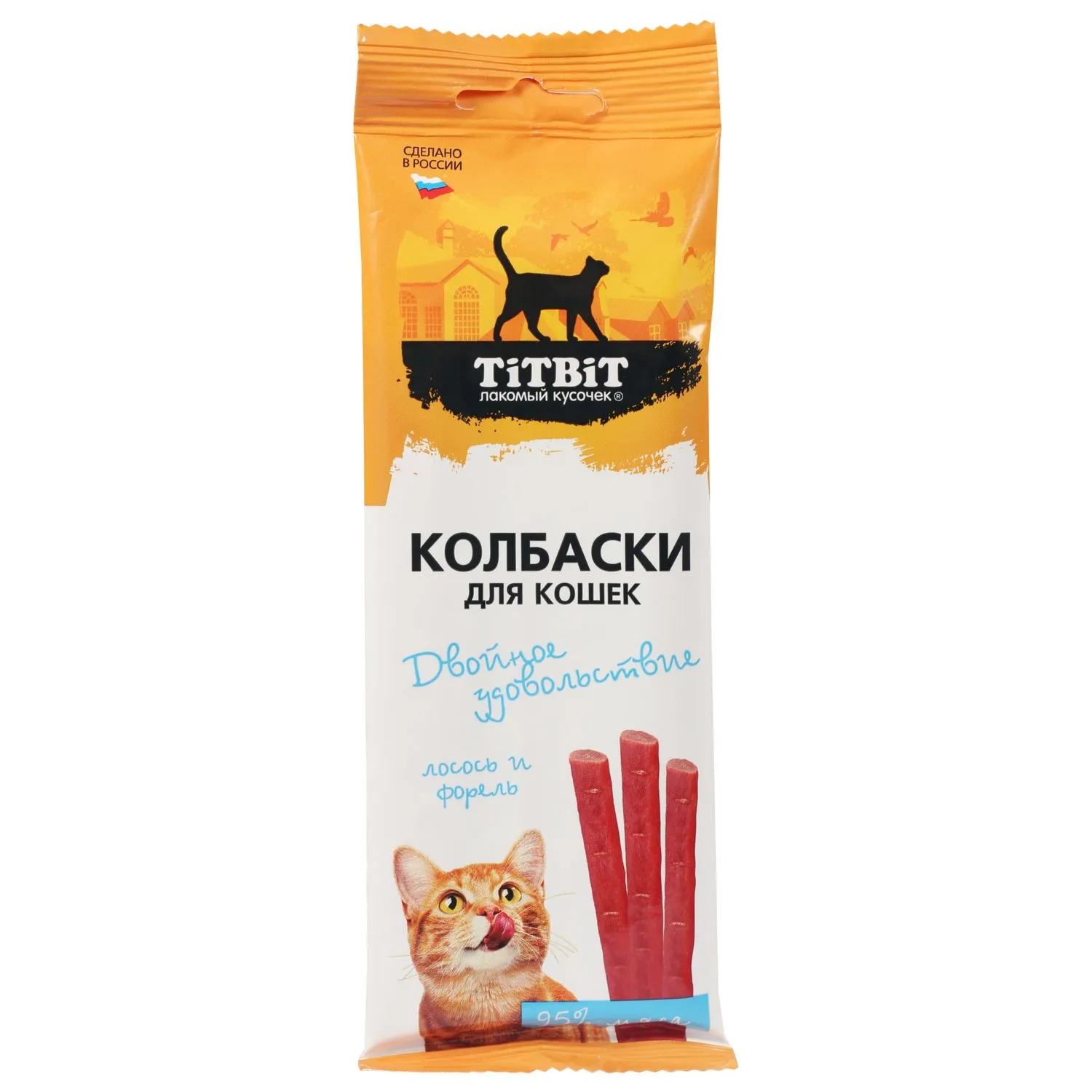 Лакомство TiTBiT Колбаски для кошек Двойное удовольствие с лососем и форелью 45 г