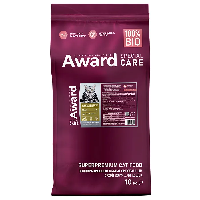 Сухой корм AWARD SPECIAL CARE Sensitive Digestion для взрослых кошек с чувствительным пищеварением со свежим мясом утки 10кг