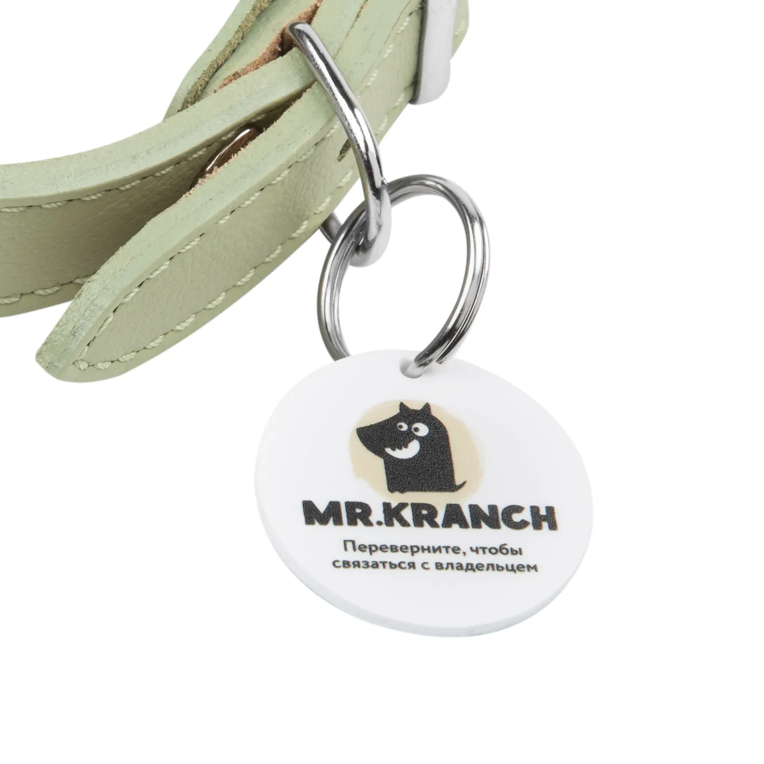 Ошейник Mr.Kranch для собак из натуральной кожи с QR-адресником 25-30см нежно-зеленый СКИДКА 50%