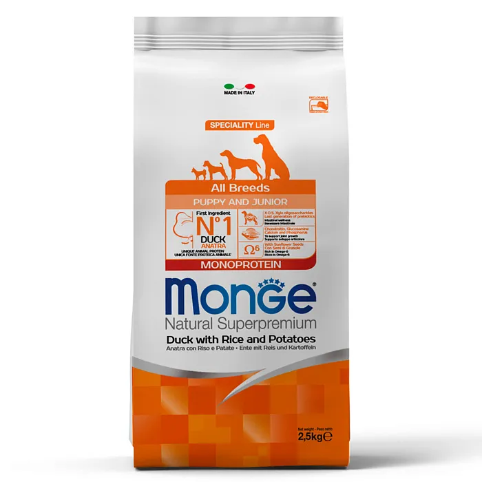Сухой корм Monge Dog Speciality Line Monoprotein для щенков всех пород, из утки с рисом и картофелем 2,5 кг