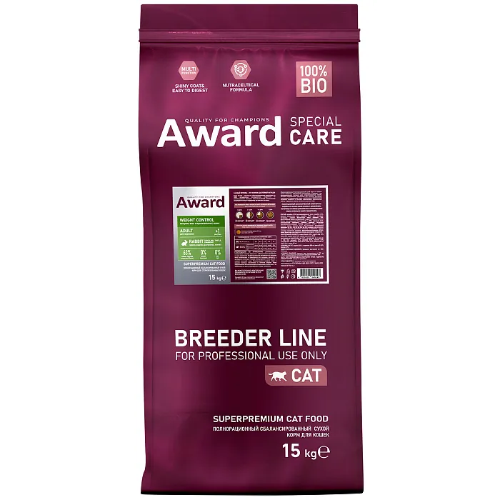 Сухой корм AWARD PFB SPECIAL CARE Weight Control для взрослых стерилизованных кошек для контроля веса со свежим мясом кролика 15кг