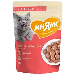 Влажный корм Мнямс На каждый день Кусочки в соусе с лососем для стерилизованных кошек 85 г Влажный корм Мнямс На каждый день Кусочки в соусе с лососем для стерилизованных кошек 85 г