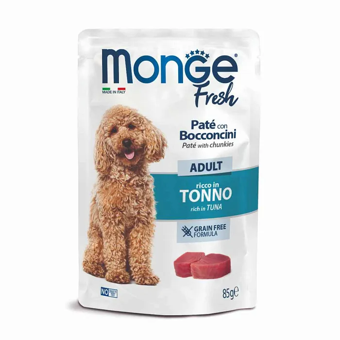 Влажный корм Monge Dog Fresh для взрослых собак, паштет с кусочками тунца, паучи 85 г