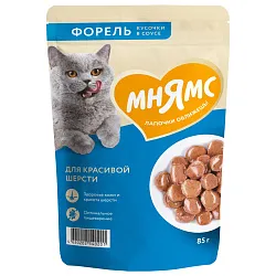 Влажный корм Мнямс На каждый день Кусочки в соусе с форелью для красивой шерсти кошек 85 г Влажный корм Мнямс На каждый день Кусочки в соусе с форелью для красивой шерсти кошек 85 г