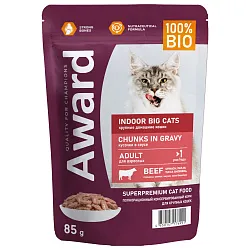 Влажный корм AWARD Indoor big cats для взрослых домашних кошек крупных пород кусочки в соусе с говядиной 85г Влажный корм AWARD Indoor big cats для взрослых домашних кошек крупных пород кусочки в соусе с говядиной 85г
