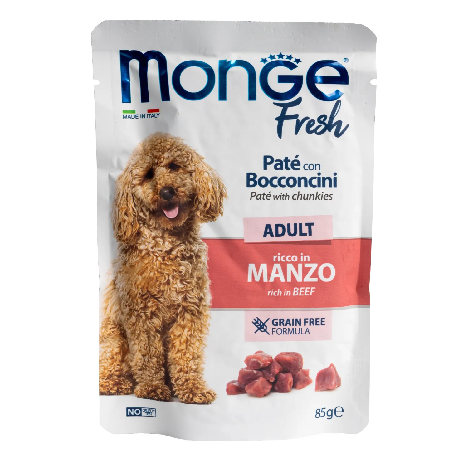 Влажный корм Monge Dog Fresh для взрослых собак, паштет с кусочками говядины, паучи 85 г