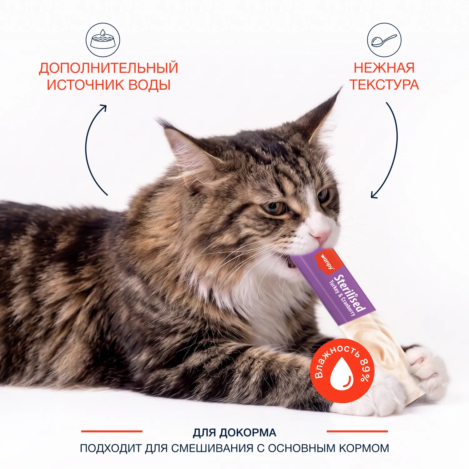Wanpy Cat Лакомство для стерилизованных кошек «нежное пюре» из тунца с клюквой 70 г