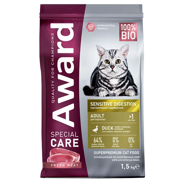 Сухой корм AWARD SPECIAL CARE Sensitive Digestion для взрослых кошек с чувствительным пищеварением со свежим мясом утки 1,5кг