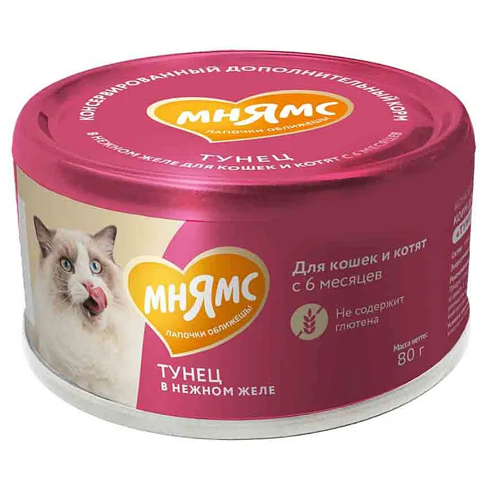 Влажный дополнительный корм Мнямс На каждый день для кошек и котят старше 6 месяцев "тунец в нежном желе" 80 г
