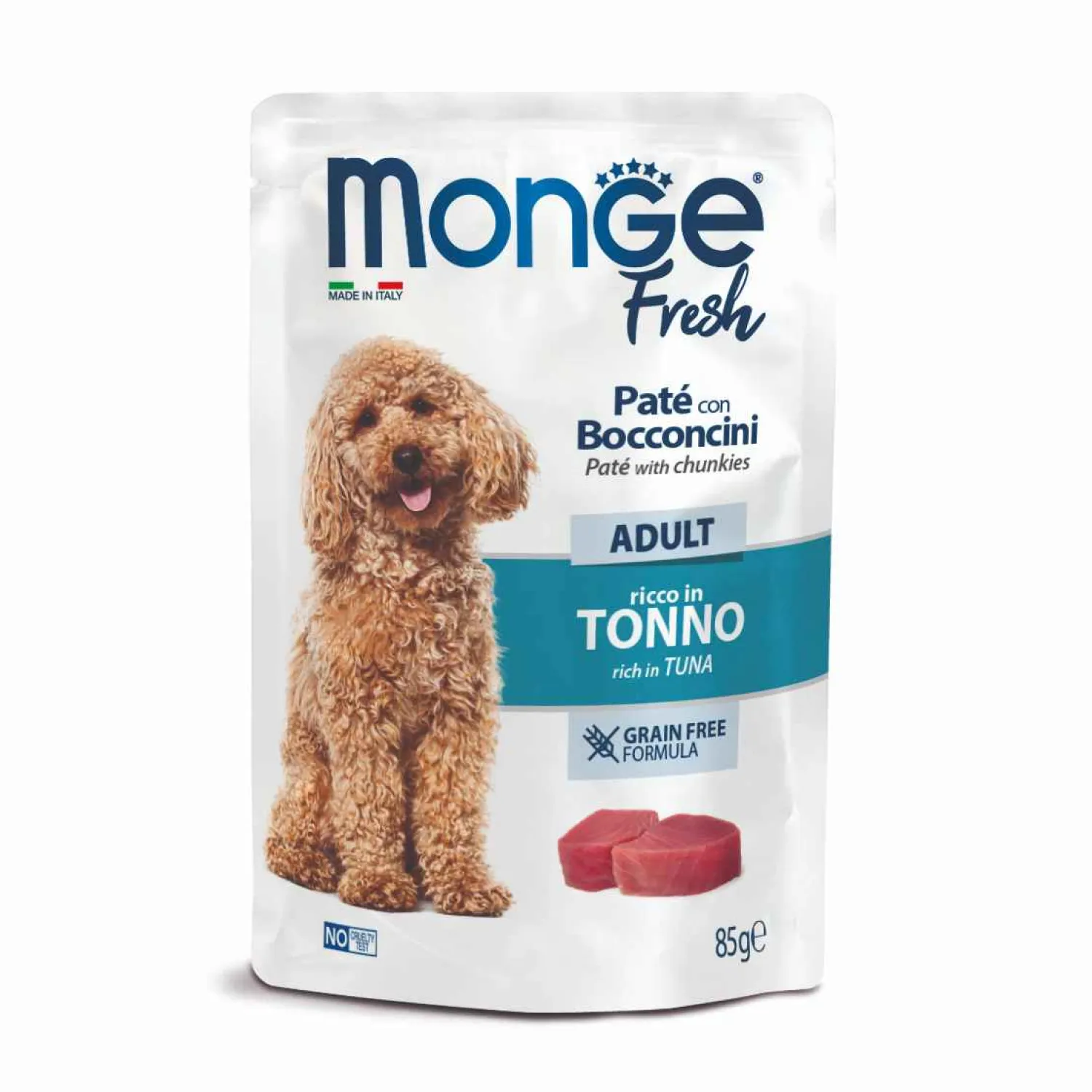 Влажный корм Monge Dog Fresh для взрослых собак, паштет с кусочками тунца, паучи 85 г