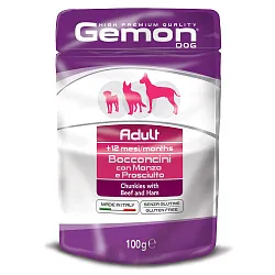 Влажный корм Gemon Dog для взрослых собак, кусочки с говядиной и ветчиной, паучи 100 г Влажный корм Gemon Dog для взрослых собак, кусочки с говядиной и ветчиной, паучи 100 г
