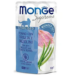Влажный корм Monge Supreme sterilized cat для стерилизованных кошек с кефалью и зелёной фасолью, паучи 80 г Влажный корм Monge Supreme sterilized cat для стерилизованных кошек с кефалью и зелёной фасолью, паучи 80 г