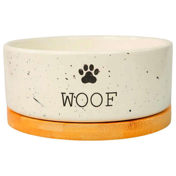 Миска Mr.Kranch Bamboo WOOF керамическая белая на бамбуковой подставке 860 мл СКИДКА 40%