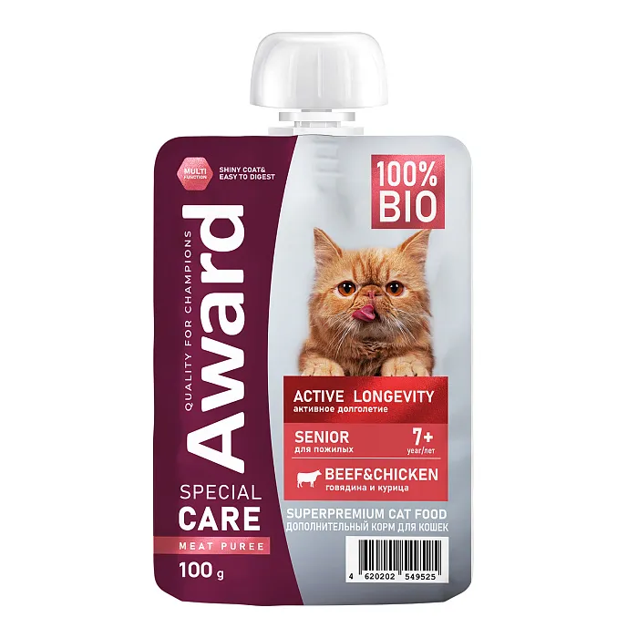 Влажный доп. корм AWARD SPECIAL CARE Active longevity "мясное пюре" для пожилых кошек старше 7 лет для активного долголетия из курицы с говядиной 100г