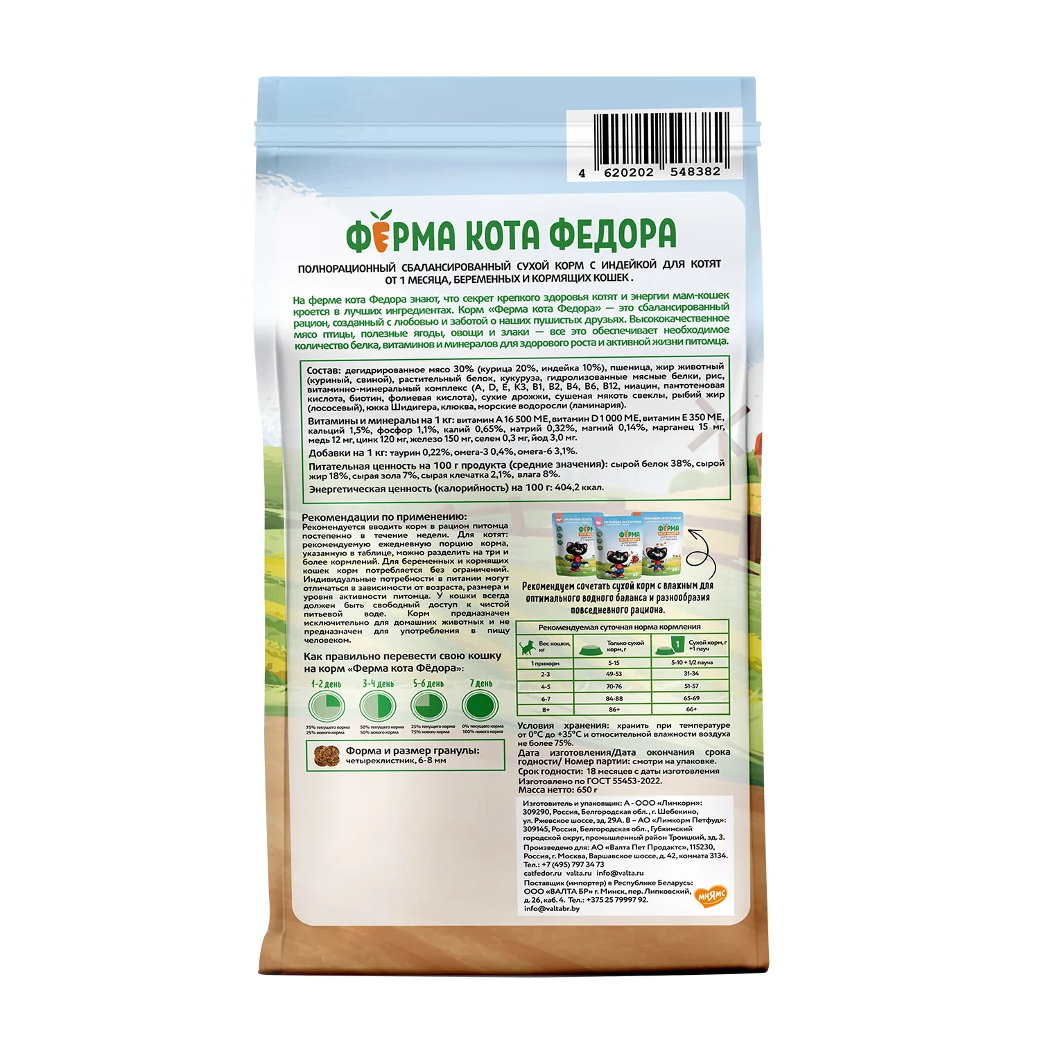 Сухой корм Ферма кота Федора для котят от 1 месяца, беременных и кормящих кошек с индейкой 650 г