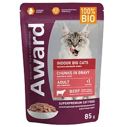 Влажный корм AWARD Indoor big cats для взрослых домашних кошек крупных пород кусочки в соусе с говядиной 85г