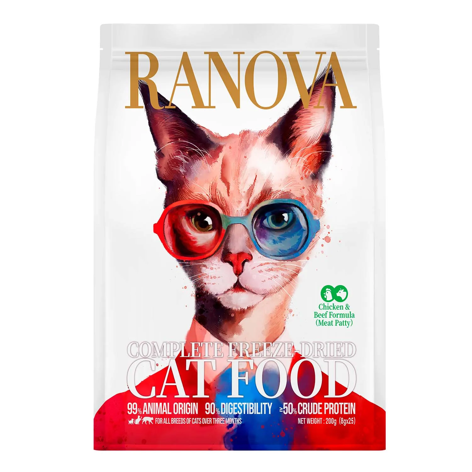 Полнорационный сухой (сублимированный) корм Ranova для кошек с курицей и говядиной, 200 г