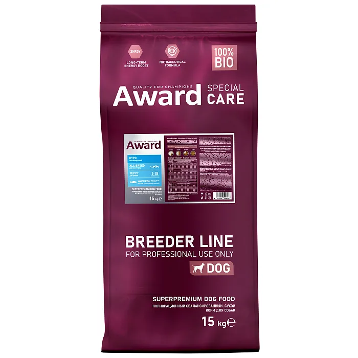 Сухой корм AWARD PFB SPECIAL CARE HYPO PUPPY со свежей белой рыбой для щенков от 1мес, беременных и кормящих собак всех пород,склонных к аллергии 15кг