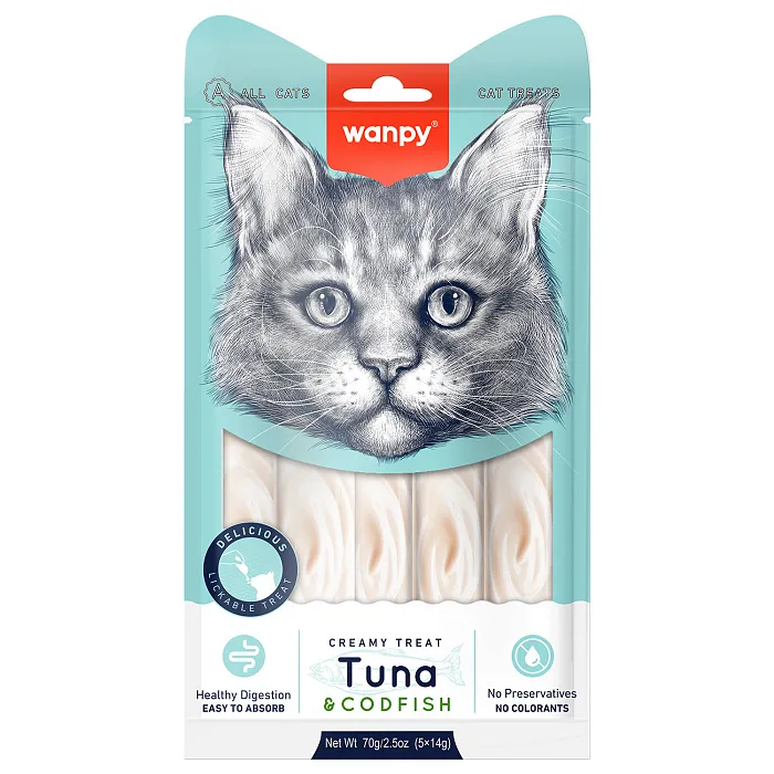 Wanpy Cat Лакомство для кошек «нежное пюре» из тунца и трески 70 г