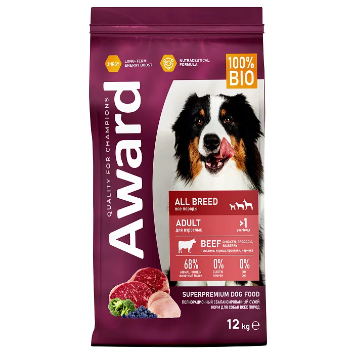 Сухой корм AWARD для взрослых собак всех пород с говядиной и курицей с добавлением брокколи и черники 12кг