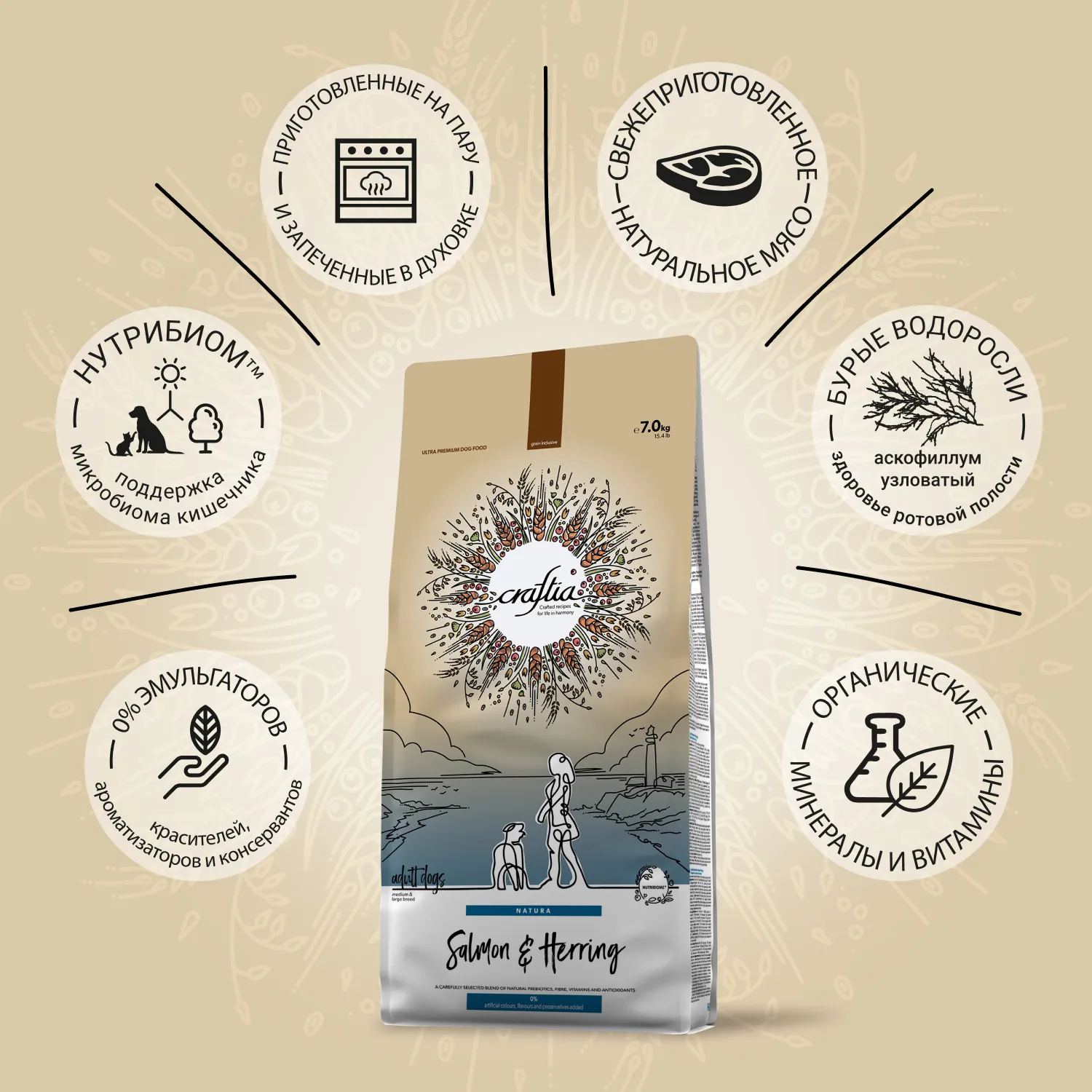 Сухой корм CRAFTIA NATURA для взрослых собак средних и крупных пород из лосося и сельди 7 кг