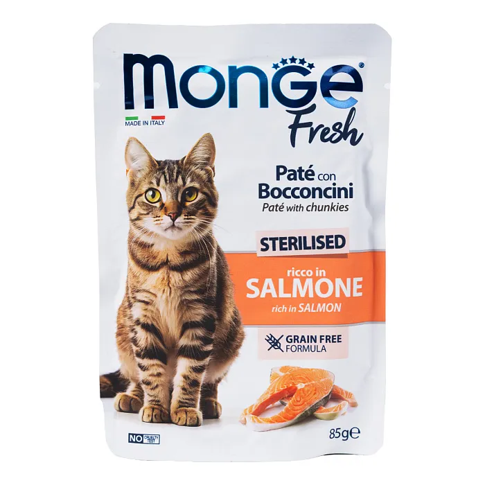 Влажный корм Monge Cat Fresh для стерилизованных кошек, с лососем, паучи 85 г