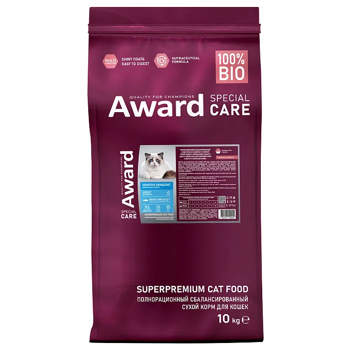 Сухой корм AWARD SPECIAL CARE Sensitive Skin&Coat для взрослых кошек для здоровой кожи и шерсти со свежей белой рыбой 10кг
