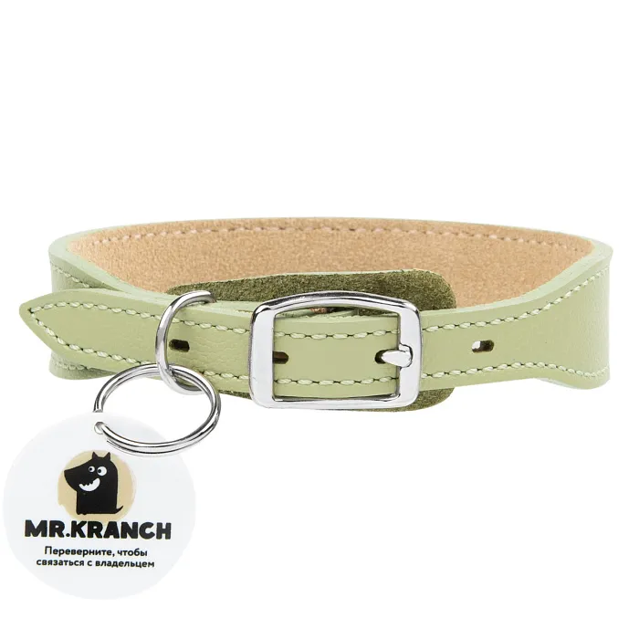 Ошейник Mr.Kranch для собак из натуральной кожи с QR-адресником, 33-40см, нежно-зеленый