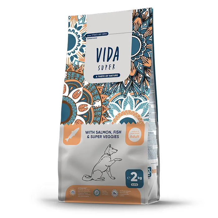 Сухой корм VIDA SUPER для взрослых собак средних и крупных пород из лосося и рыбы с овощами 2 кг