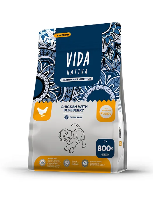 Сухой корм VIDA NATIVA для щенков миниатюрных и мелких пород из курицы с черникой 800 г