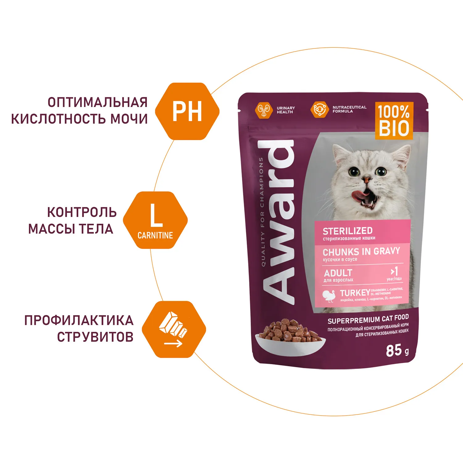 Влажный корм AWARD Sterilized для взрослых стерилизованных кошек кусочки в соусе с индейкой 85г